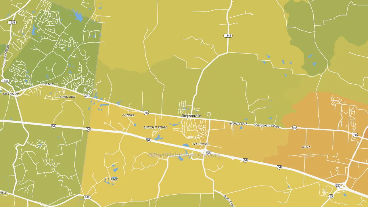 Map of the best neighborhoods in the Simpsonville area, with better matches in green and worse matches in red