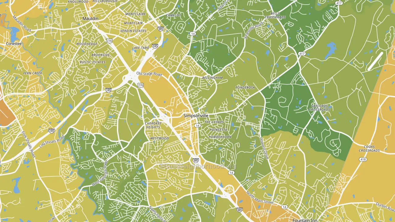Map of the best neighborhoods in the Simpsonville area, with better matches in green and worse matches in red