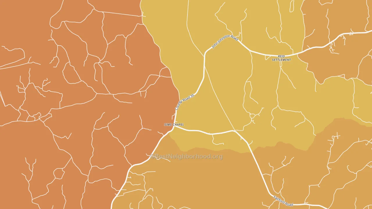 Map of the best neighborhoods in the Sims Chapel area, with better matches in green and worse matches in red