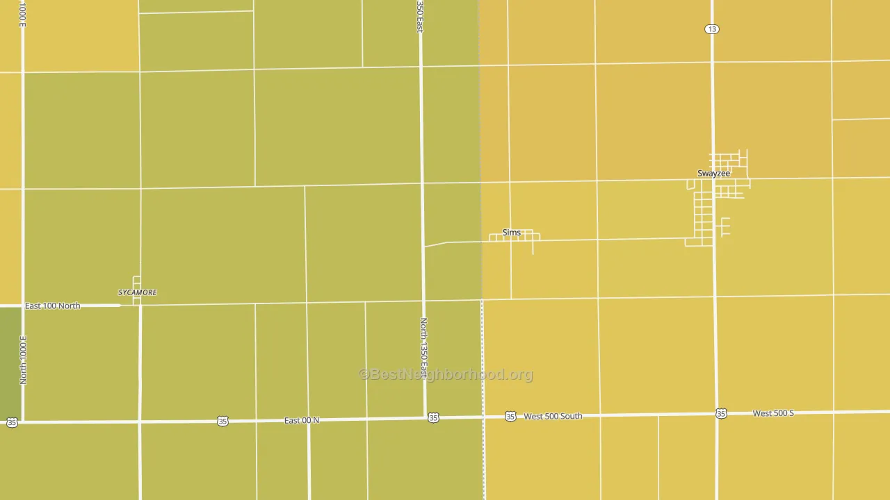 Map of the best neighborhoods in the Sims area, with better matches in green and worse matches in red