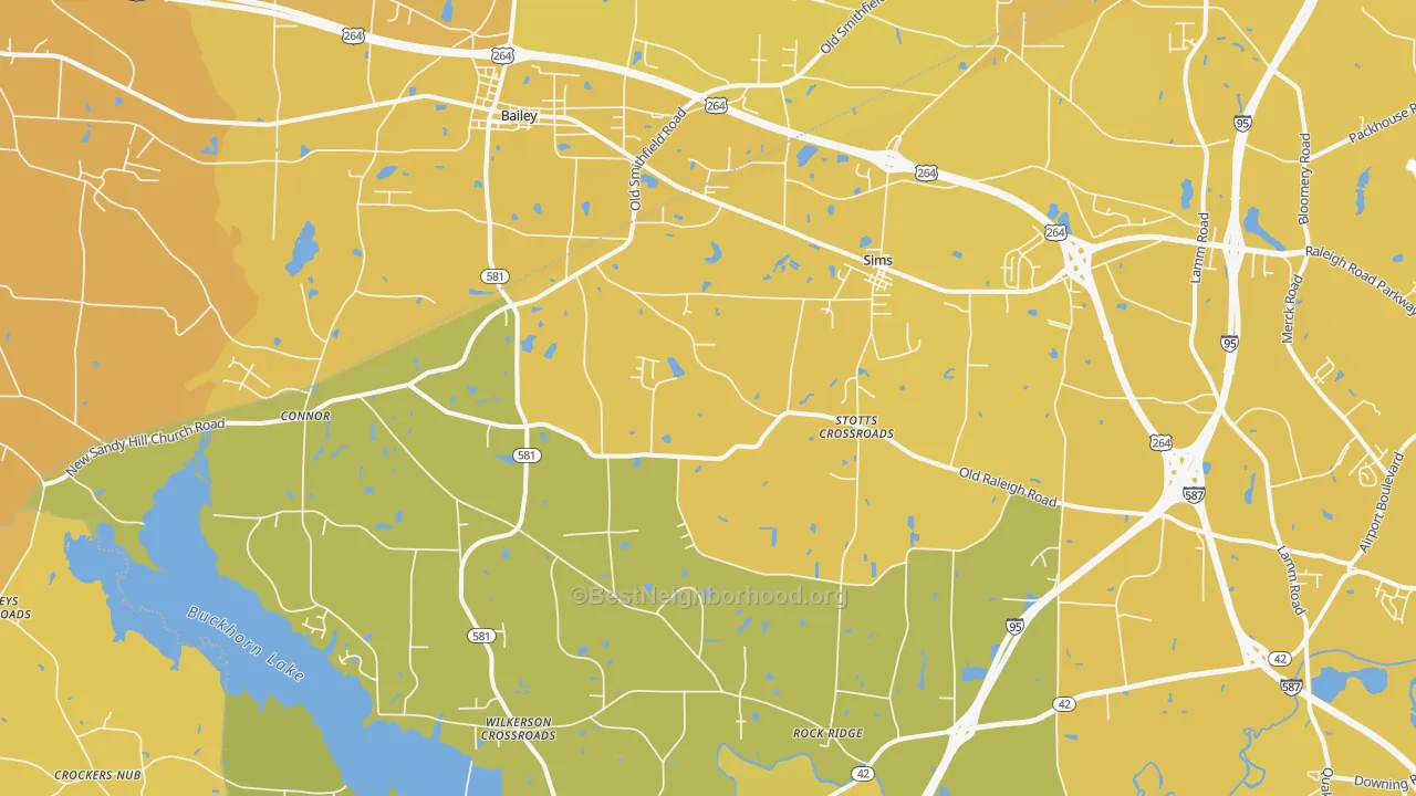 Map of the best neighborhoods in the Sims area, with better matches in green and worse matches in red