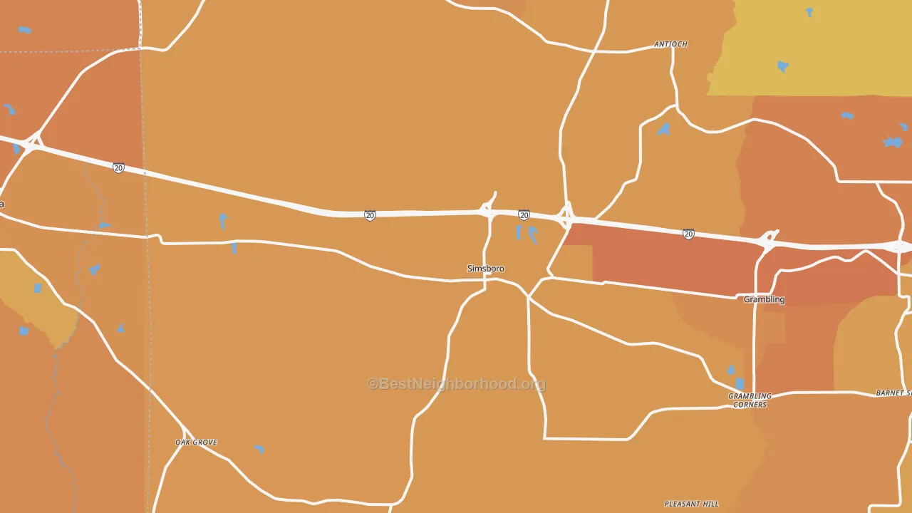 Map of the best neighborhoods in the Simsboro area, with better matches in green and worse matches in red