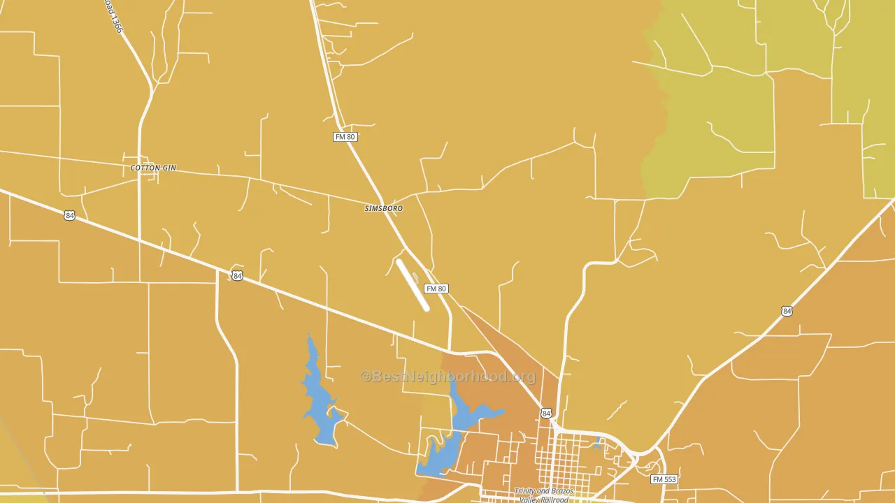 Map of the best neighborhoods in the Simsboro area, with better matches in green and worse matches in red