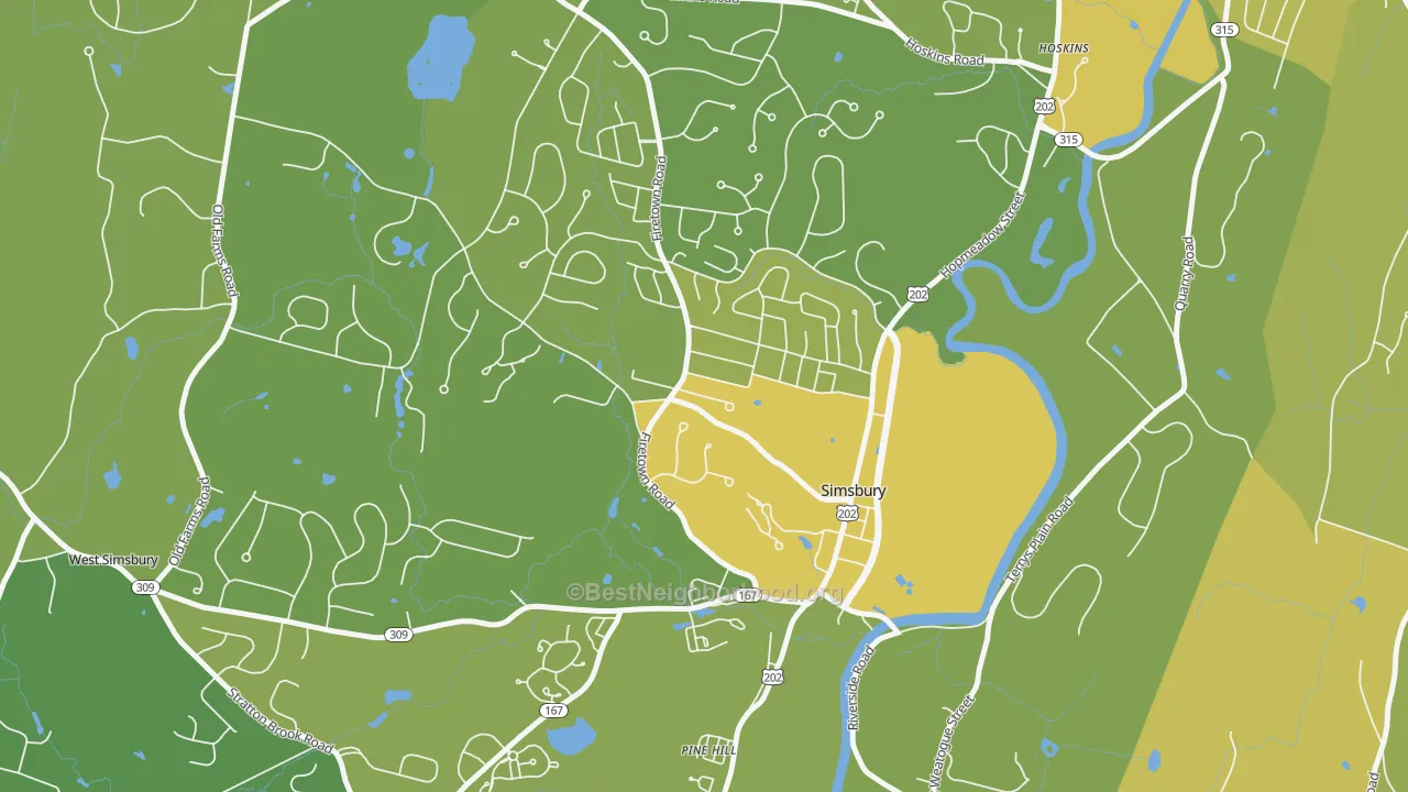 Map of the best neighborhoods in the Simsbury Center area, with better matches in green and worse matches in red