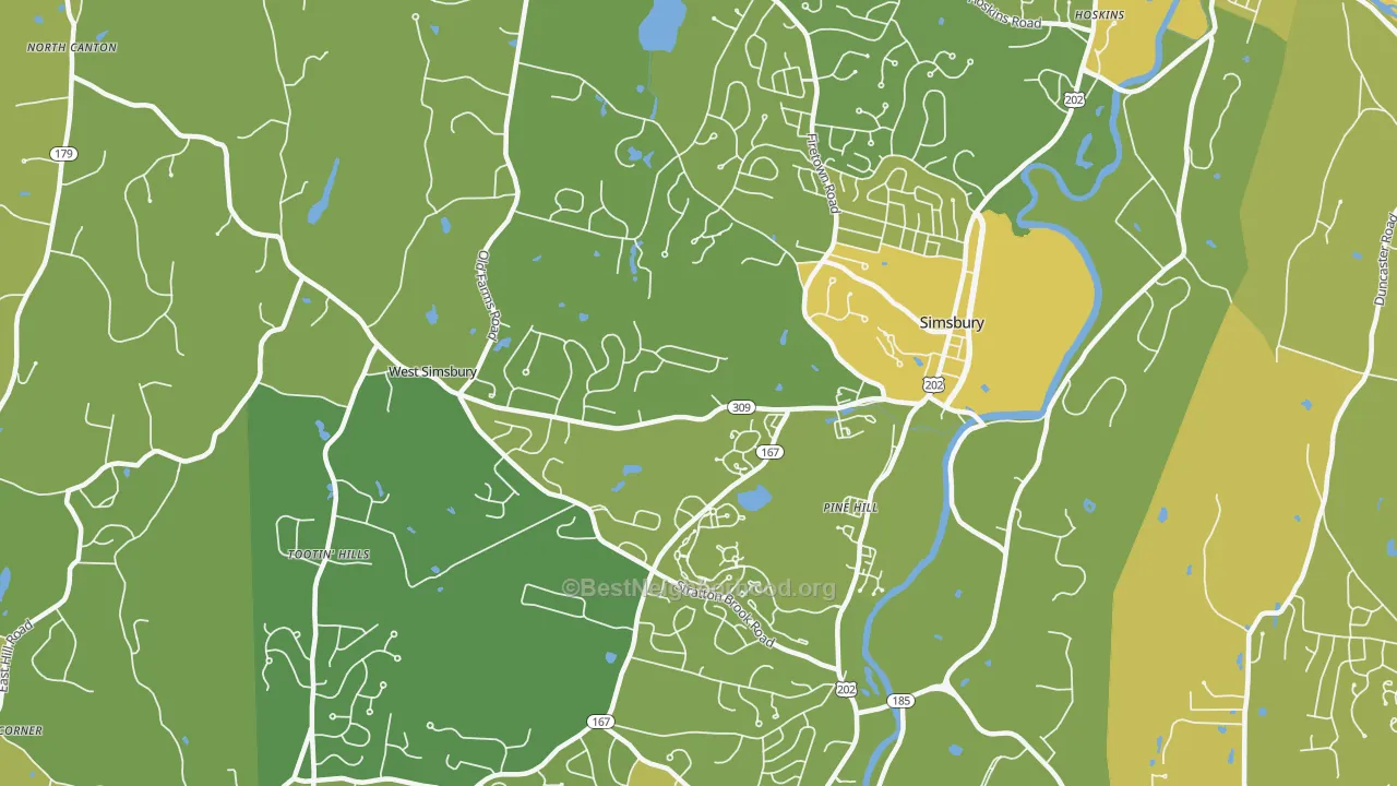 Map of the best neighborhoods in the Simsbury area, with better matches in green and worse matches in red