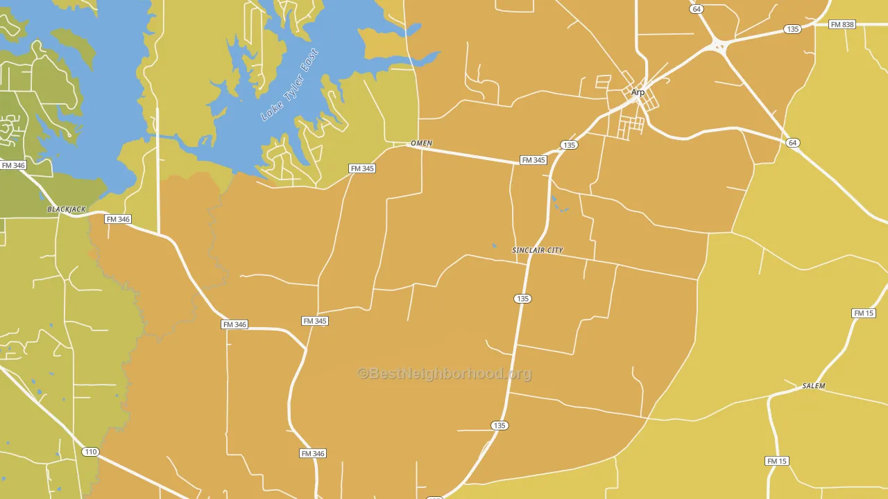 Map of the best neighborhoods in the Sinclair City area, with better matches in green and worse matches in red