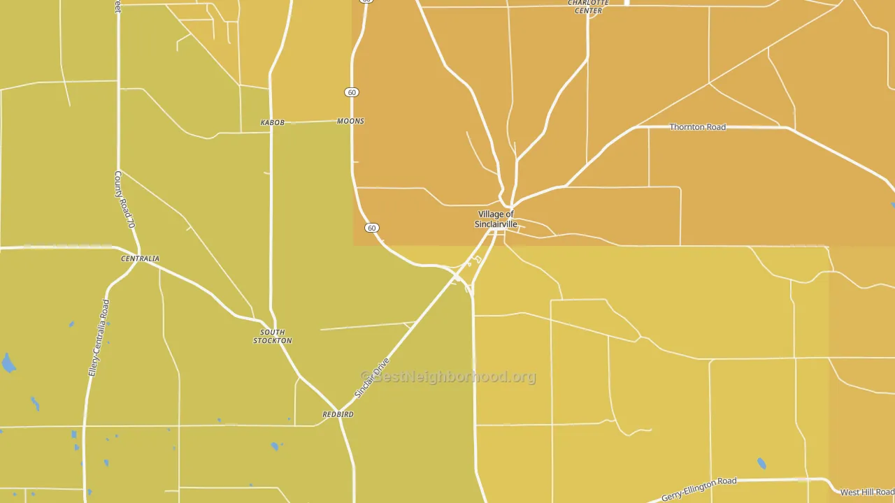 Map of the best neighborhoods in the Sinclairville area, with better matches in green and worse matches in red