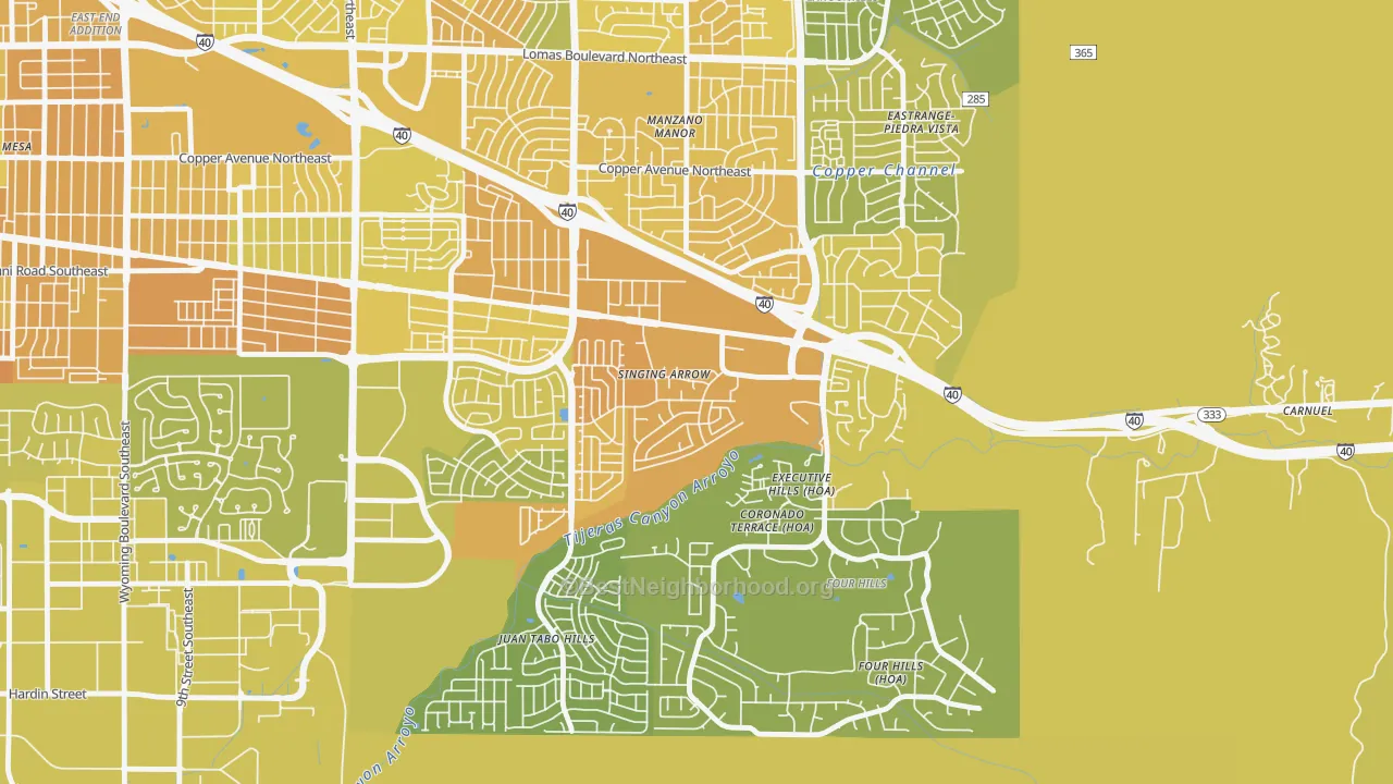 Map of the best neighborhoods in the Singing Arrow, Albuquerque area, with better matches in green and worse matches in red