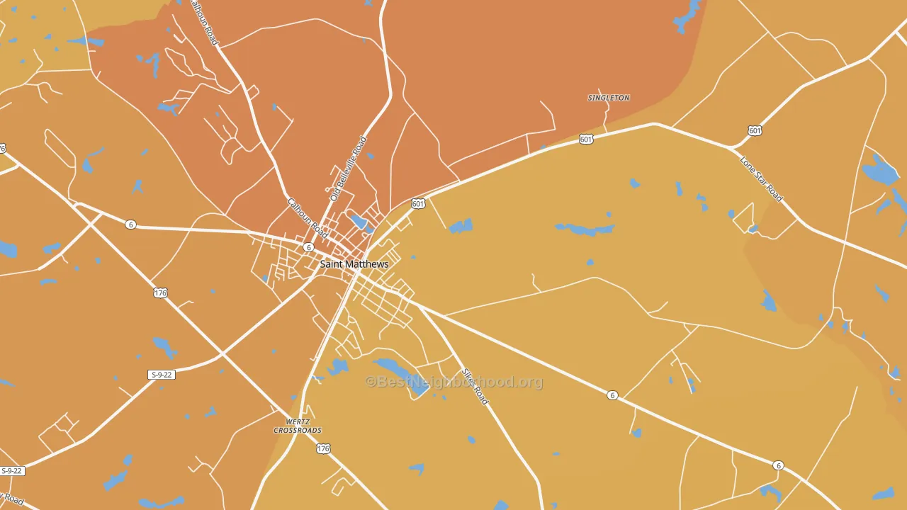 Map of the best neighborhoods in the Singleton area, with better matches in green and worse matches in red