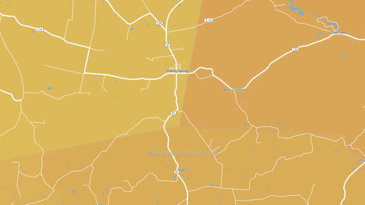 Map of the best neighborhoods in the Sinking Spring area, with better matches in green and worse matches in red
