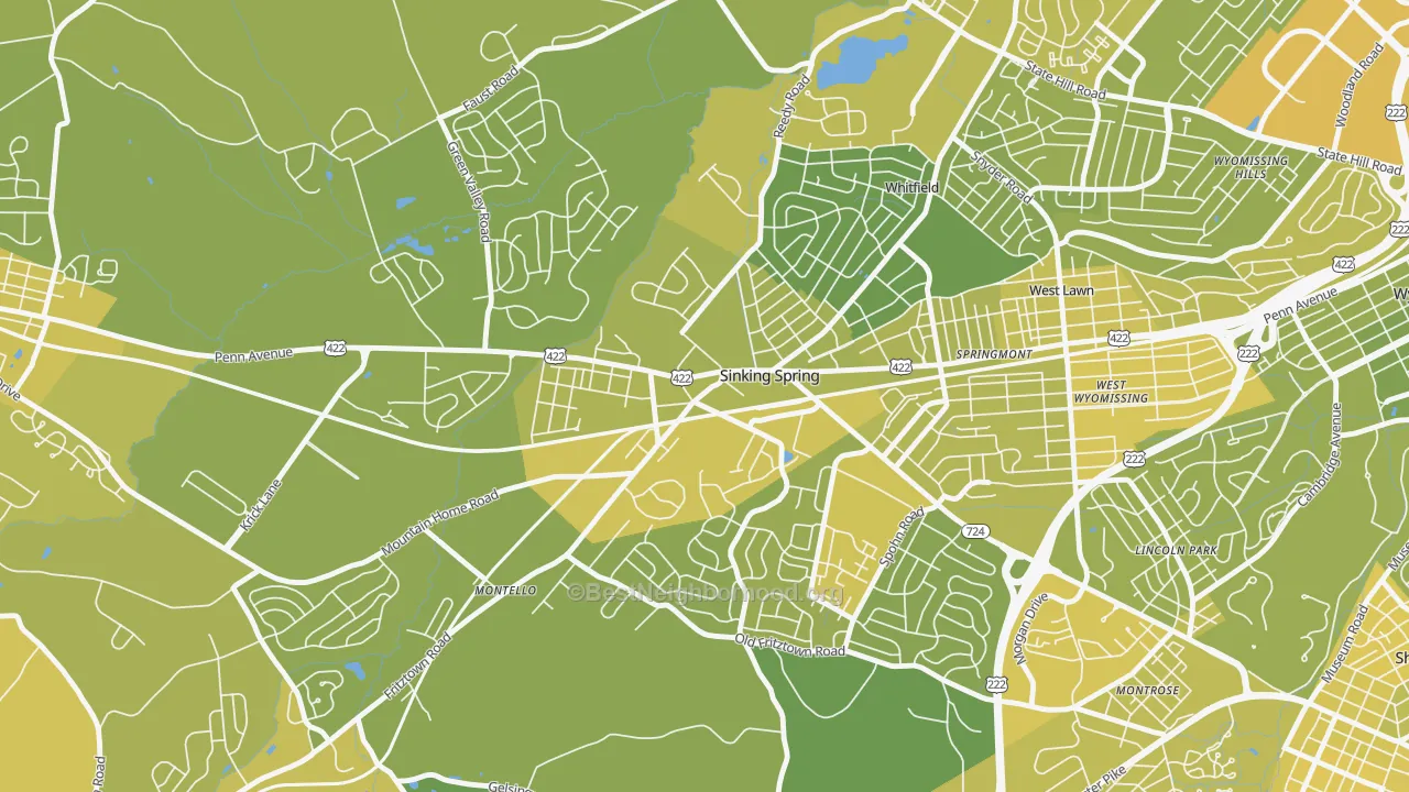 Map of the best neighborhoods in the Sinking Spring area, with better matches in green and worse matches in red