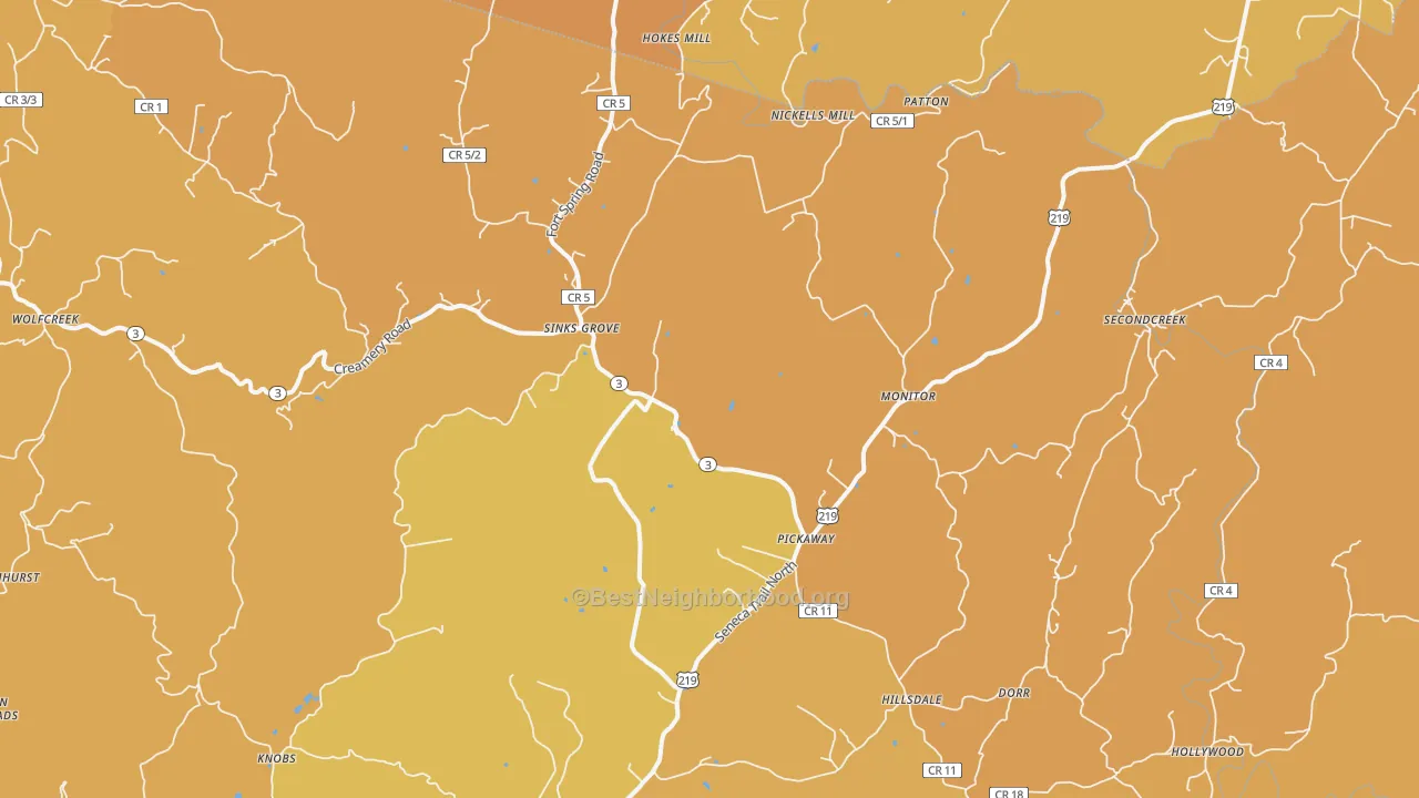 Map of the best neighborhoods in the Sinks Grove area, with better matches in green and worse matches in red