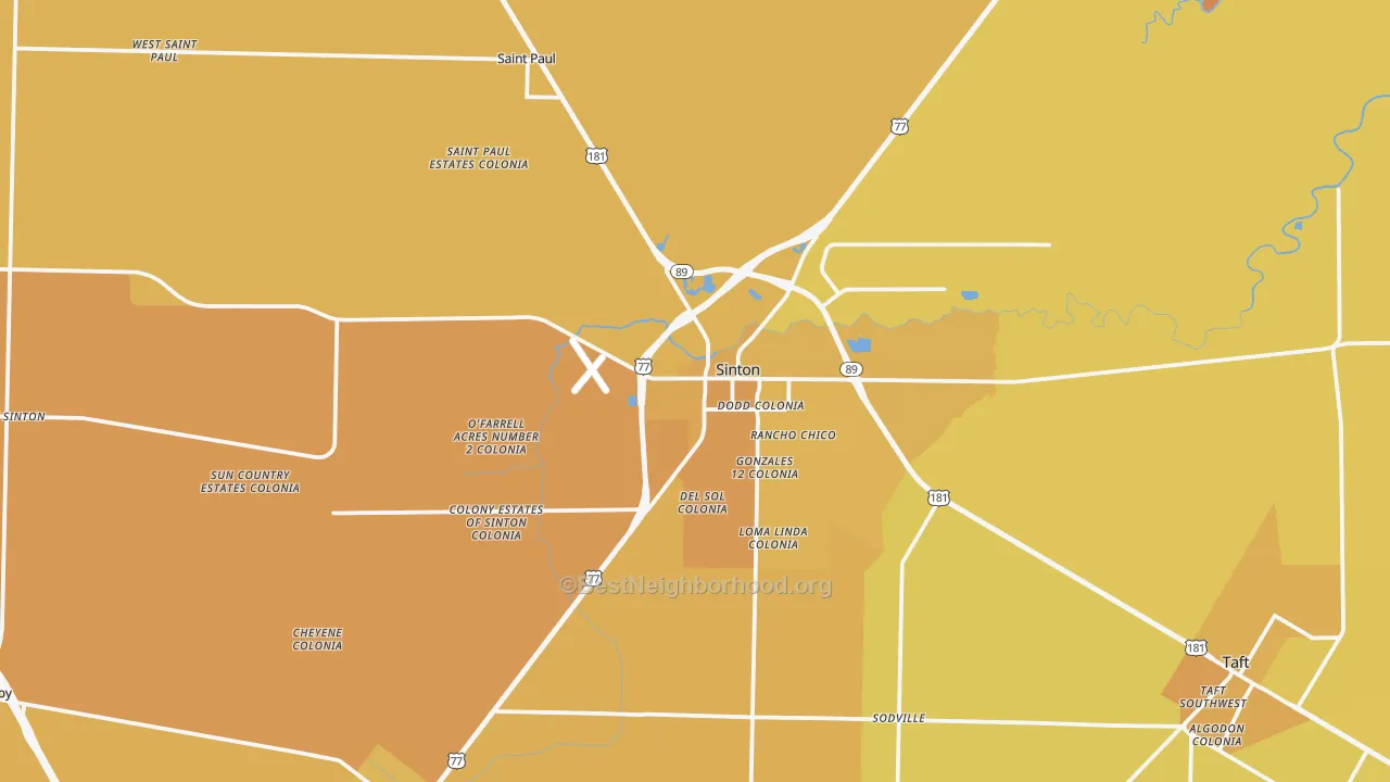 Map of the best neighborhoods in the Sinton area, with better matches in green and worse matches in red