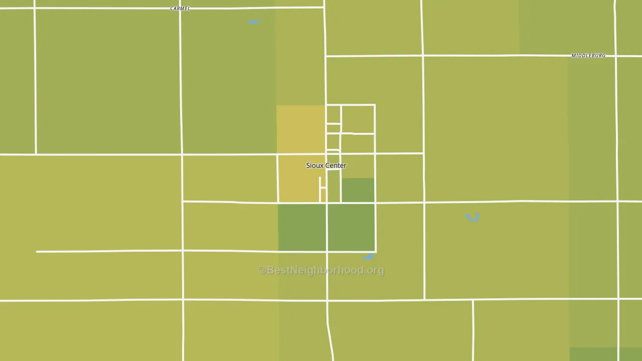 Map of the best neighborhoods in the Sioux Center area, with better matches in green and worse matches in red