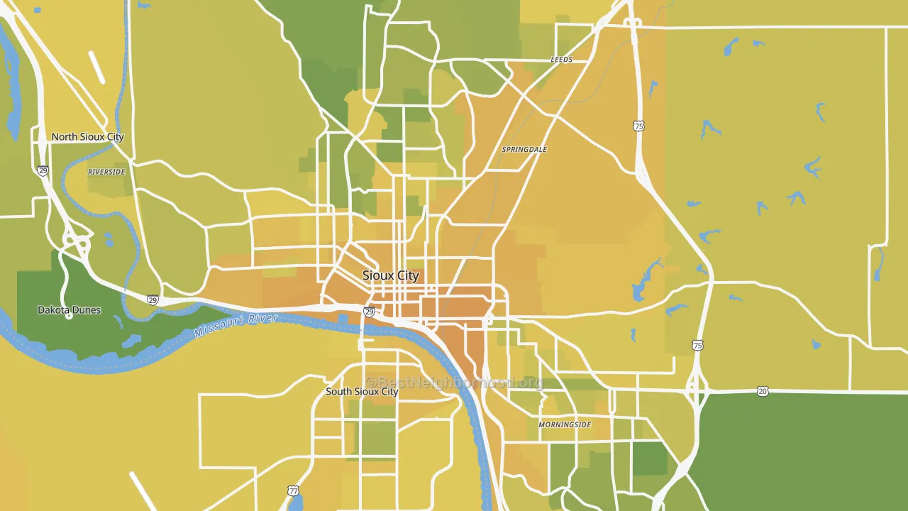 Map of the best neighborhoods in the Sioux City Metro area, with better matches in green and worse matches in red