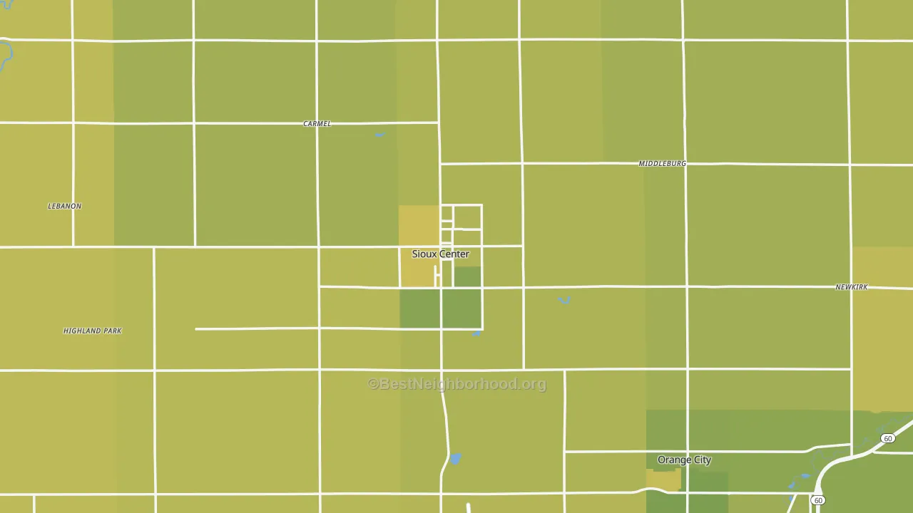 Map of the best neighborhoods in the Sioux County area, with better matches in green and worse matches in red