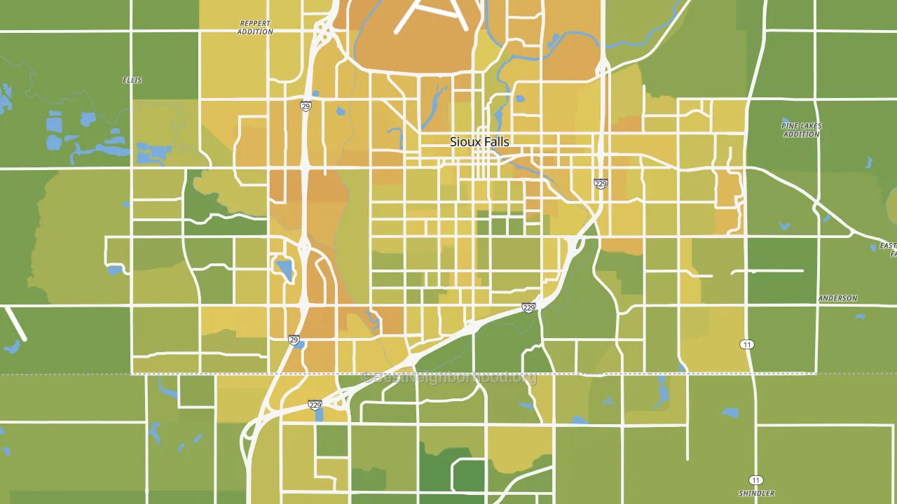Map of the best neighborhoods in the Sioux Falls Metro area, with better matches in green and worse matches in red