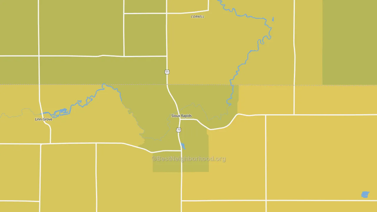 Map of the best neighborhoods in the Sioux Rapids area, with better matches in green and worse matches in red