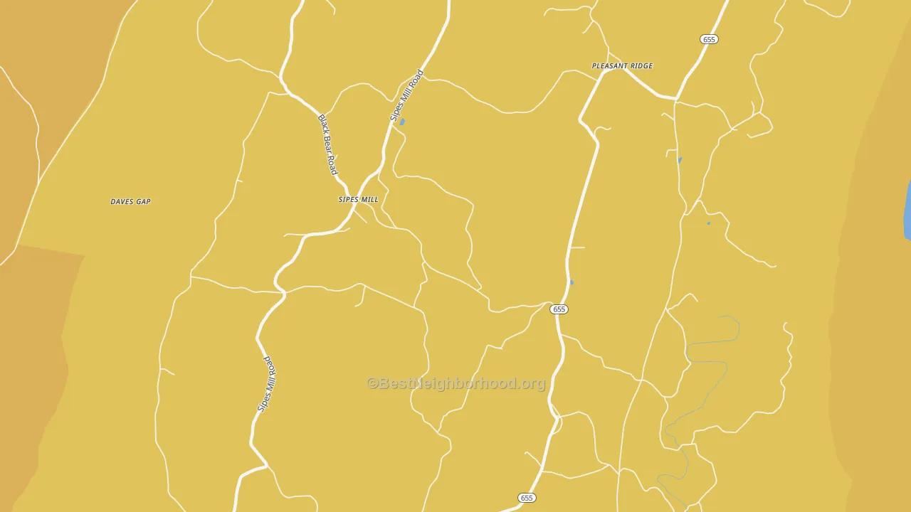 Map of the best neighborhoods in the Sipes Mill area, with better matches in green and worse matches in red