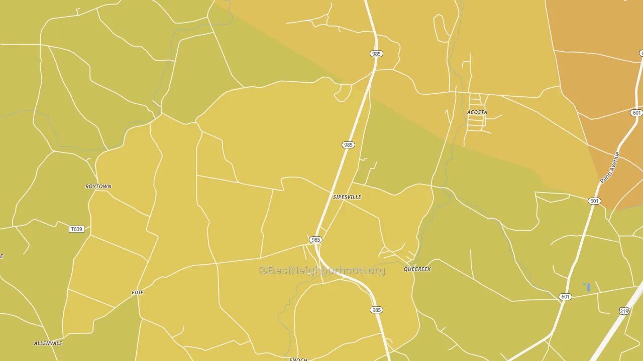 Map of the best neighborhoods in the Sipesville area, with better matches in green and worse matches in red