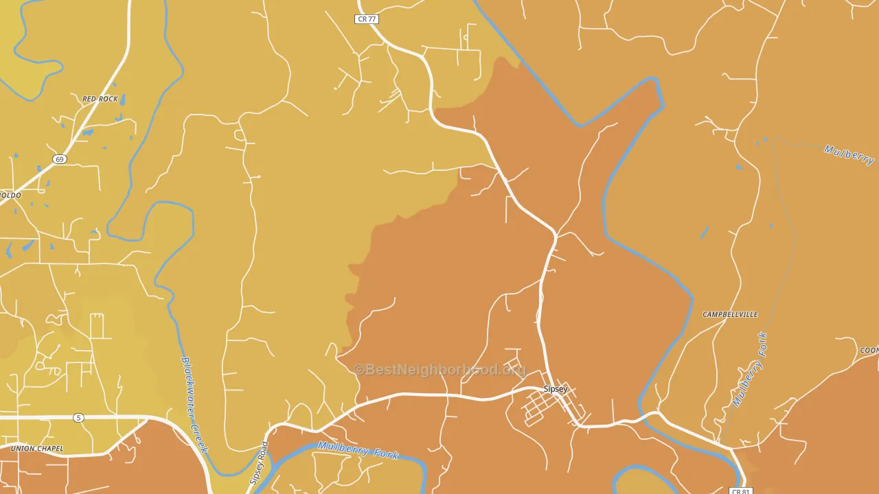 Map of the best neighborhoods in the Sipsey area, with better matches in green and worse matches in red