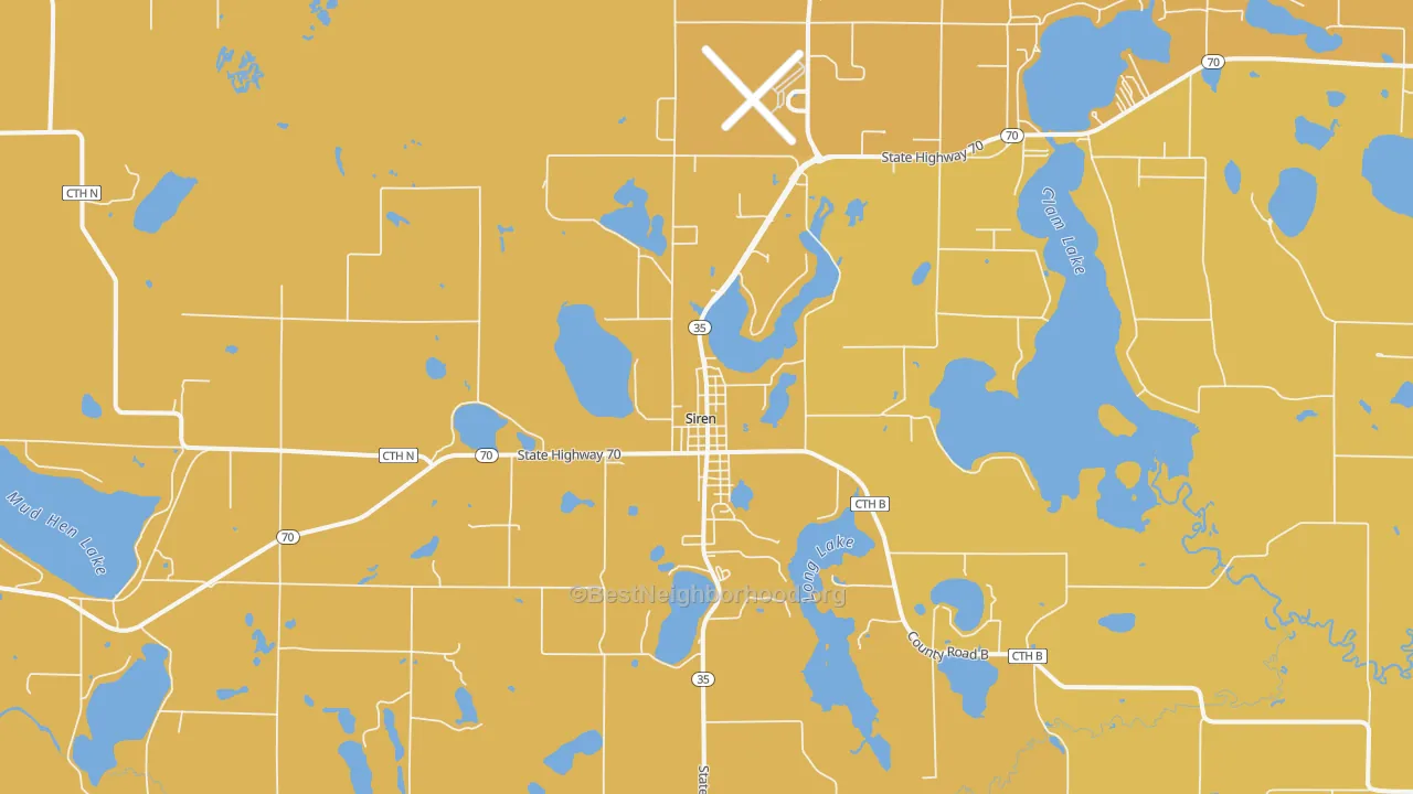 Map of the best neighborhoods in the Siren area, with better matches in green and worse matches in red