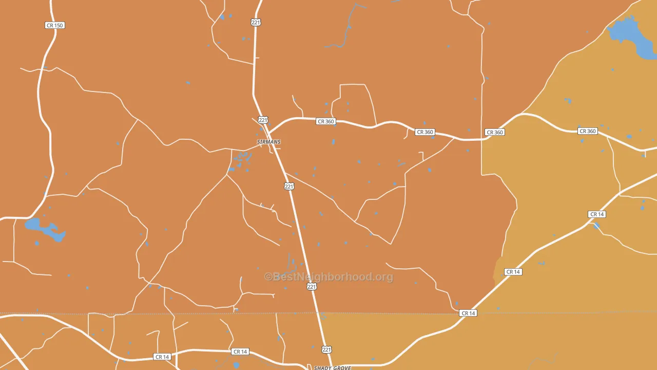 Map of the best neighborhoods in the Sirmans area, with better matches in green and worse matches in red