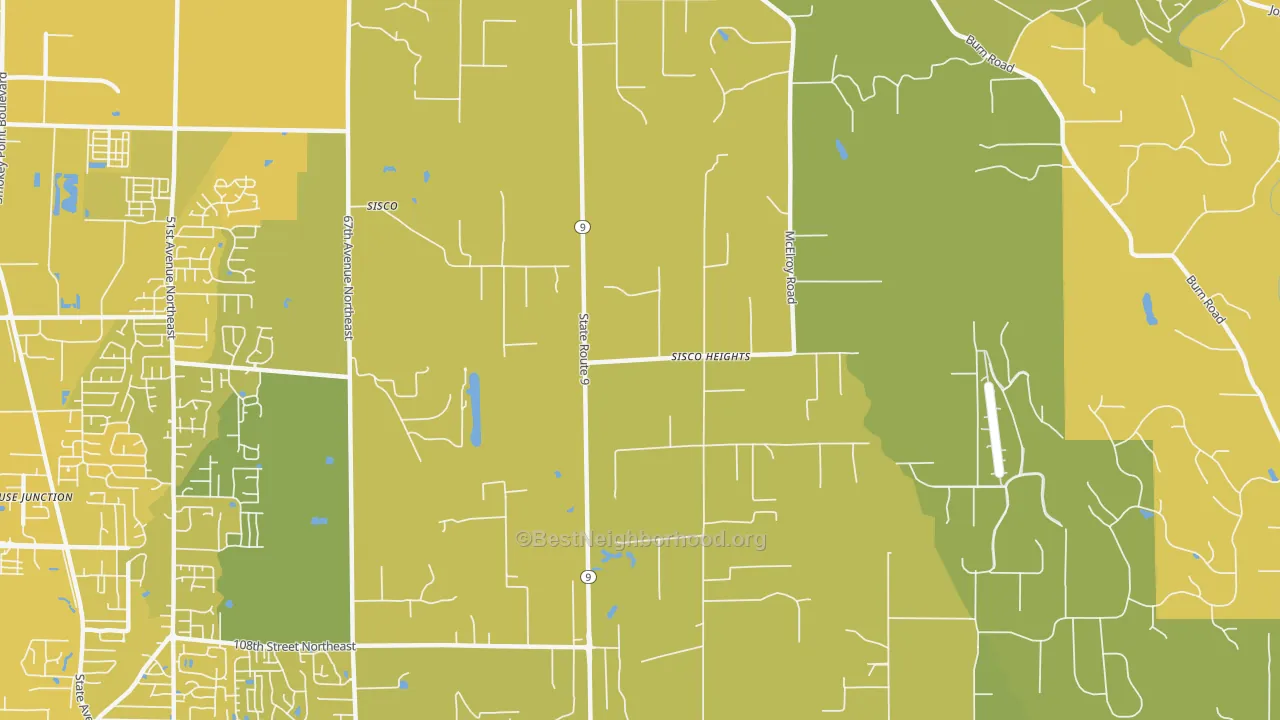 Map of the best neighborhoods in the Sisco Heights area, with better matches in green and worse matches in red