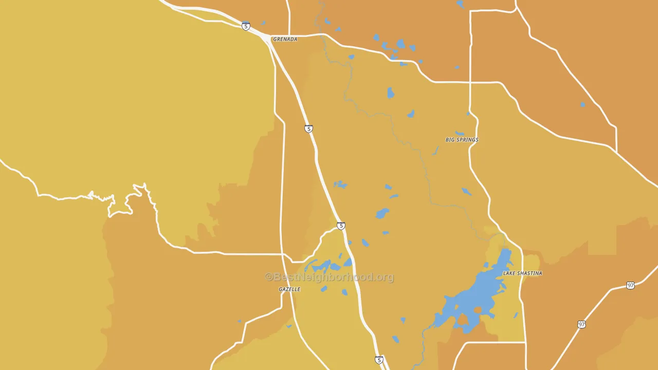 Map of the best neighborhoods in the Siskiyou County area, with better matches in green and worse matches in red