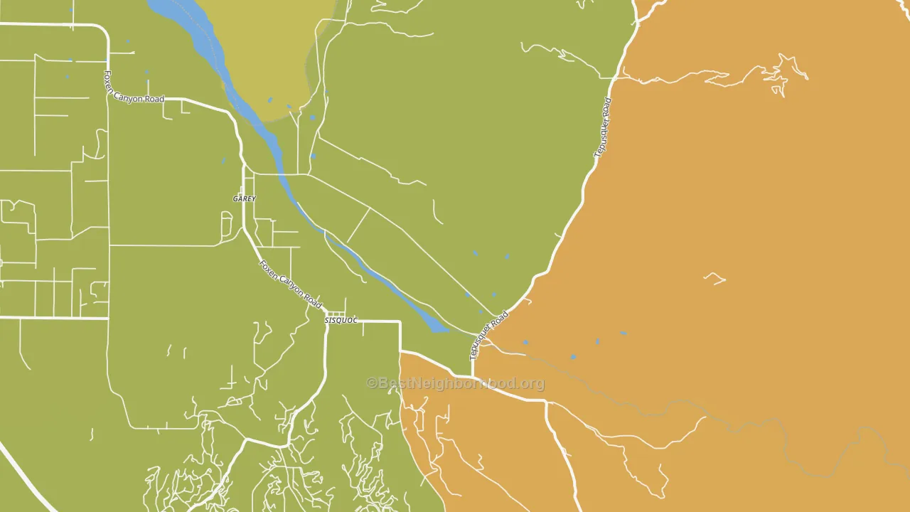 Map of the best neighborhoods in the Sisquoc area, with better matches in green and worse matches in red