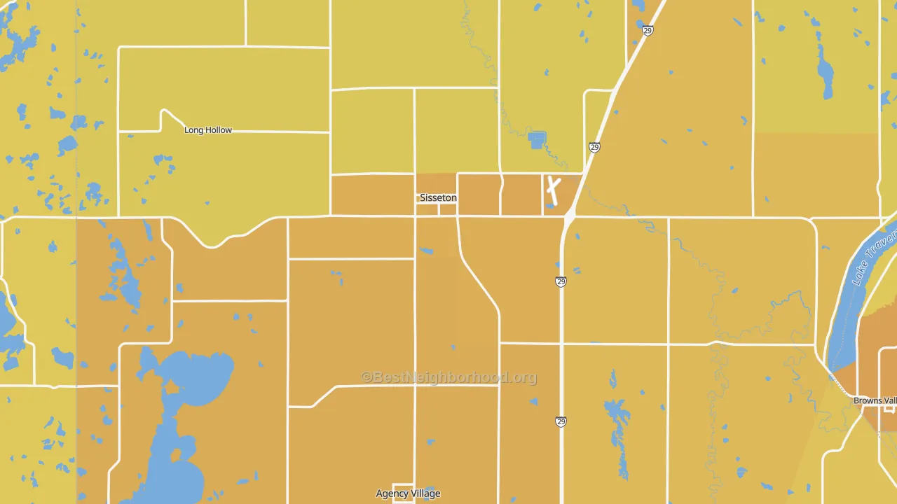 Map of the best neighborhoods in the Sisseton area, with better matches in green and worse matches in red