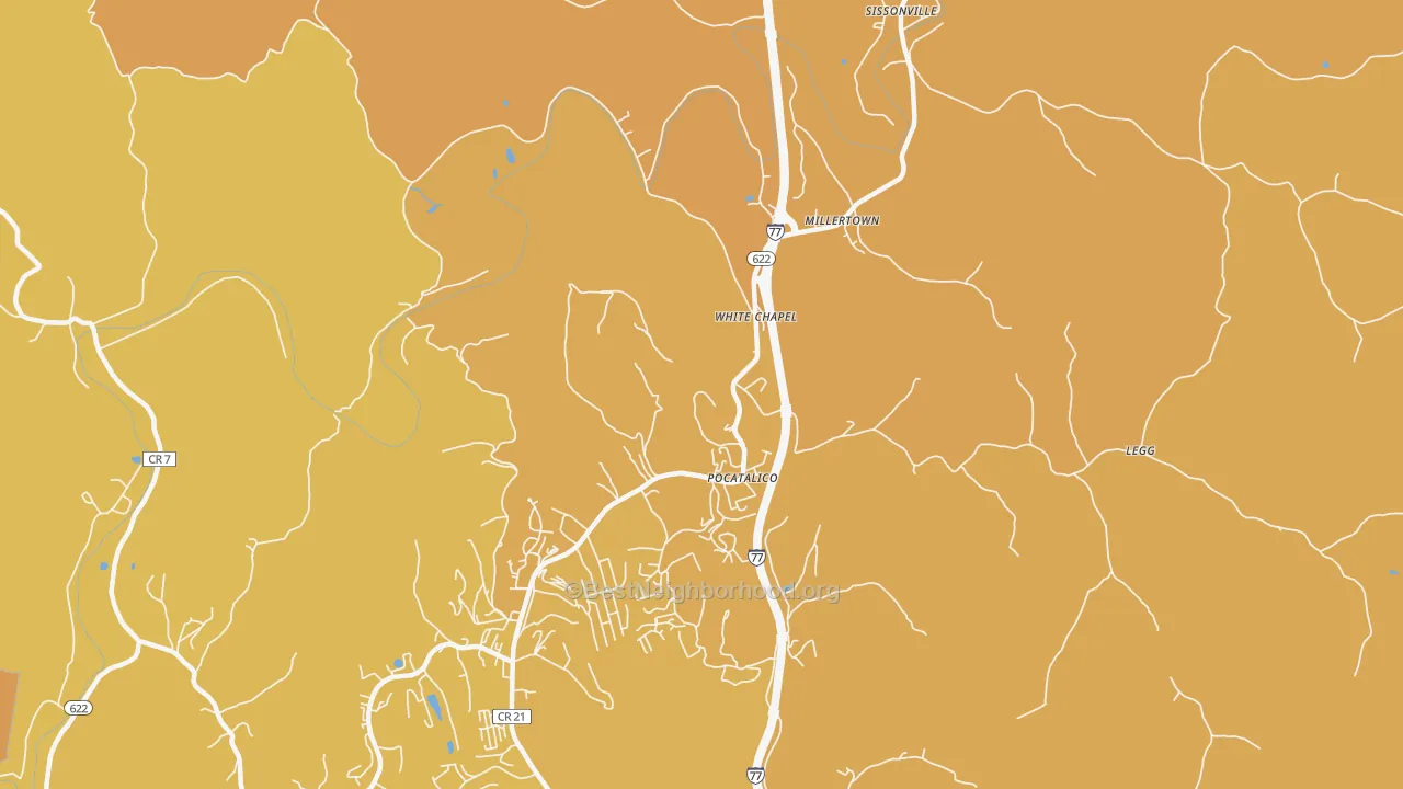 Map of the best neighborhoods in the Sissonville area, with better matches in green and worse matches in red