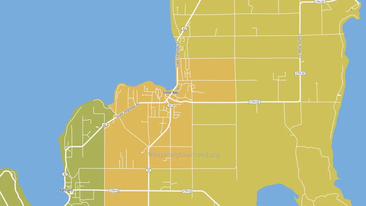 Map of the best neighborhoods in the Sister Bay area, with better matches in green and worse matches in red