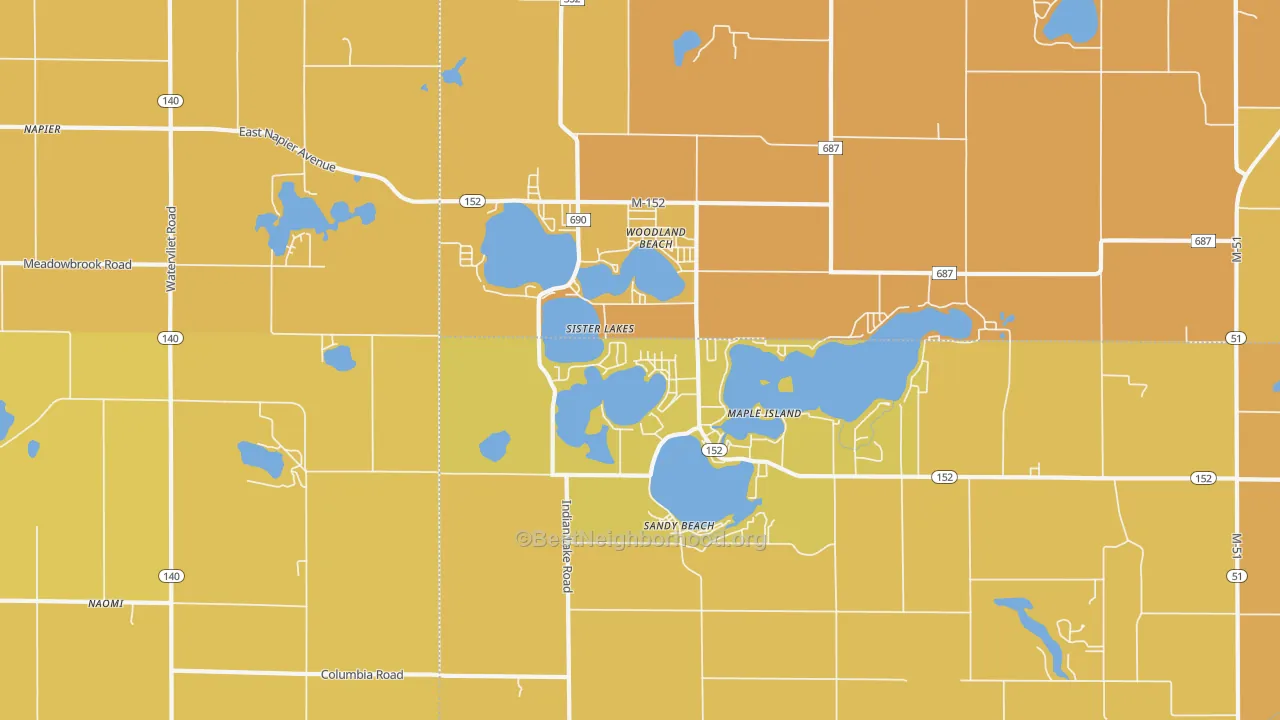 Map of the best neighborhoods in the Sister Lakes area, with better matches in green and worse matches in red