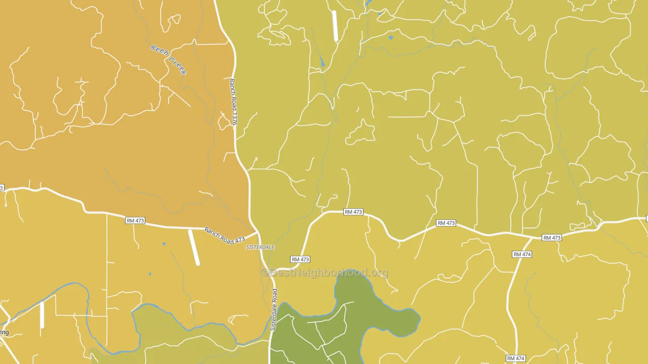 Map of the best neighborhoods in the Sisterdale area, with better matches in green and worse matches in red