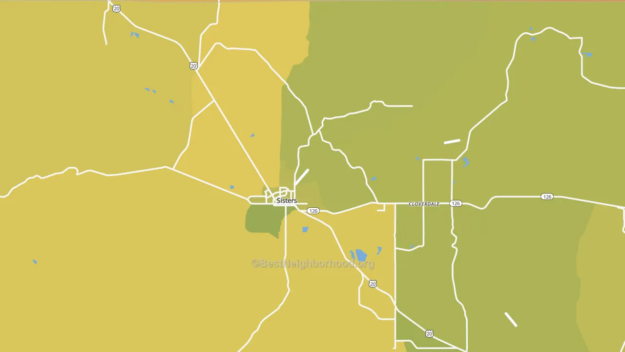 Map of the best neighborhoods in the Sisters area, with better matches in green and worse matches in red