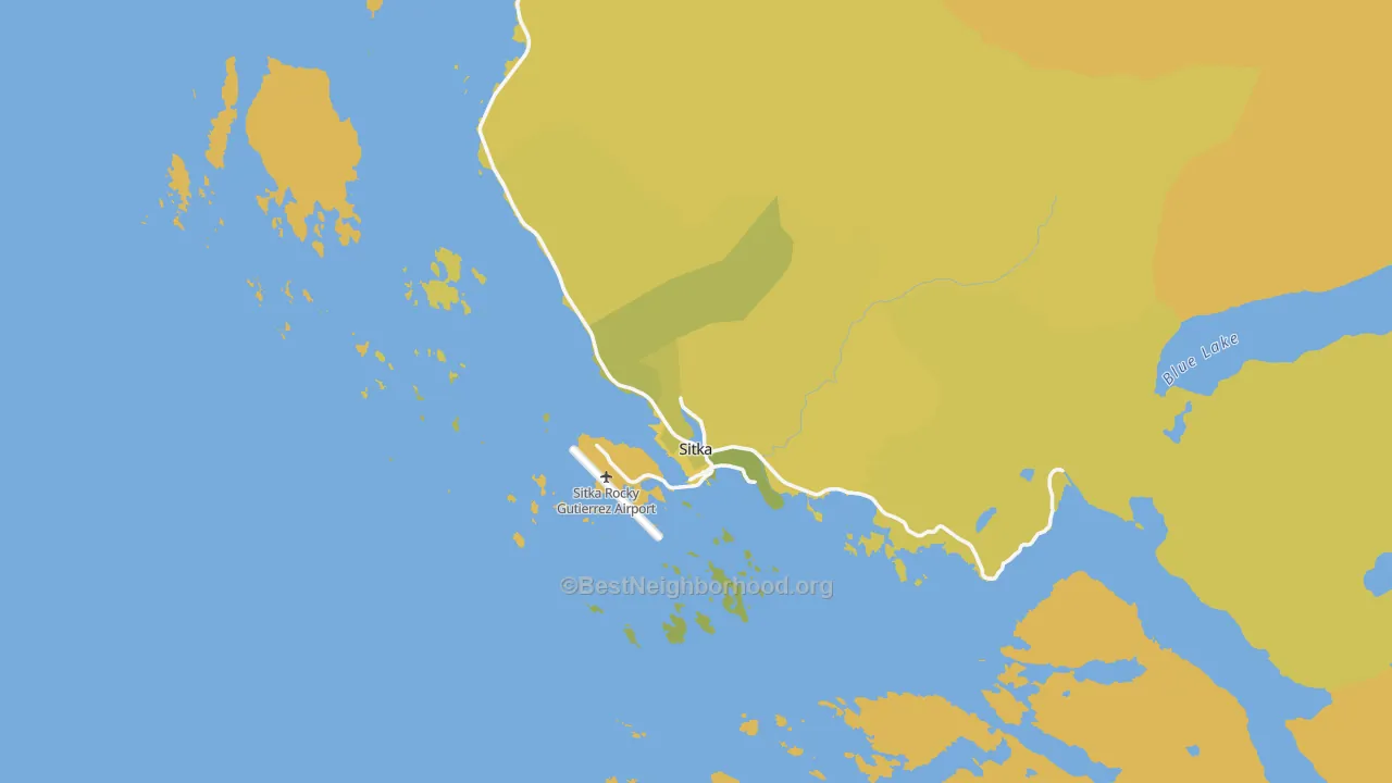 Map of the best neighborhoods in the Sitka area, with better matches in green and worse matches in red
