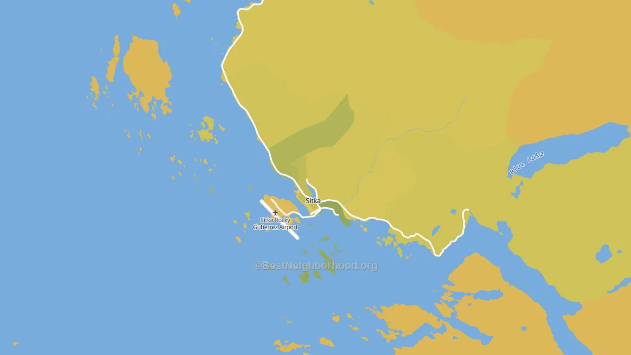 Map of the best neighborhoods in the Sitka City and Borough area, with better matches in green and worse matches in red