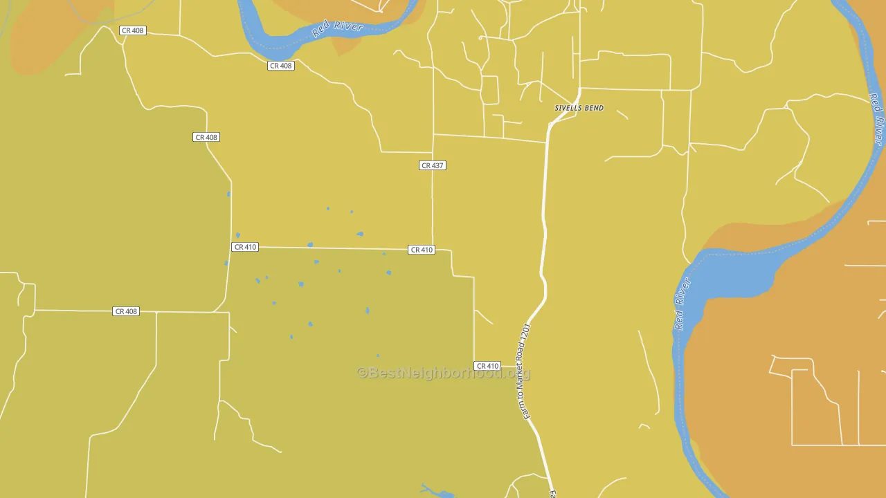 Map of the best neighborhoods in the Sivells Bend area, with better matches in green and worse matches in red