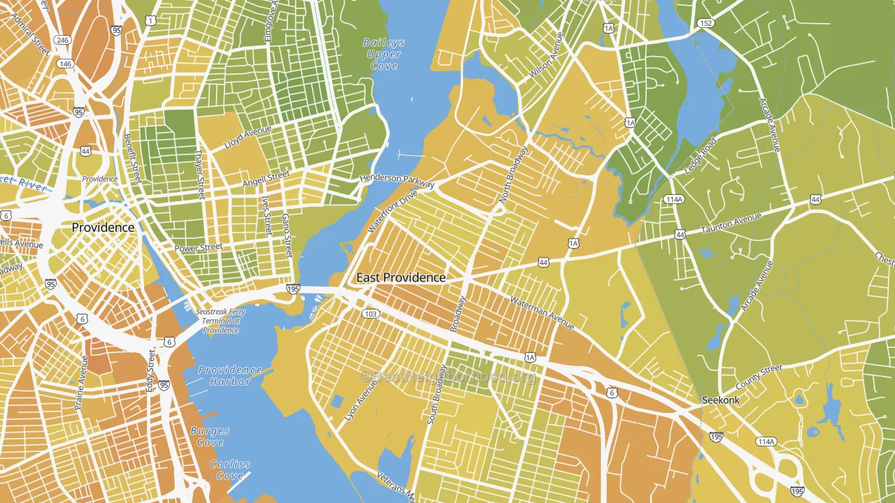 Map of the best neighborhoods in the Six Corners, East Providence area, with better matches in green and worse matches in red