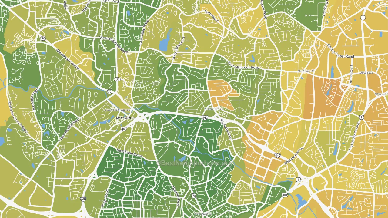 Map of the best neighborhoods in the Six Forks, Raleigh area, with better matches in green and worse matches in red