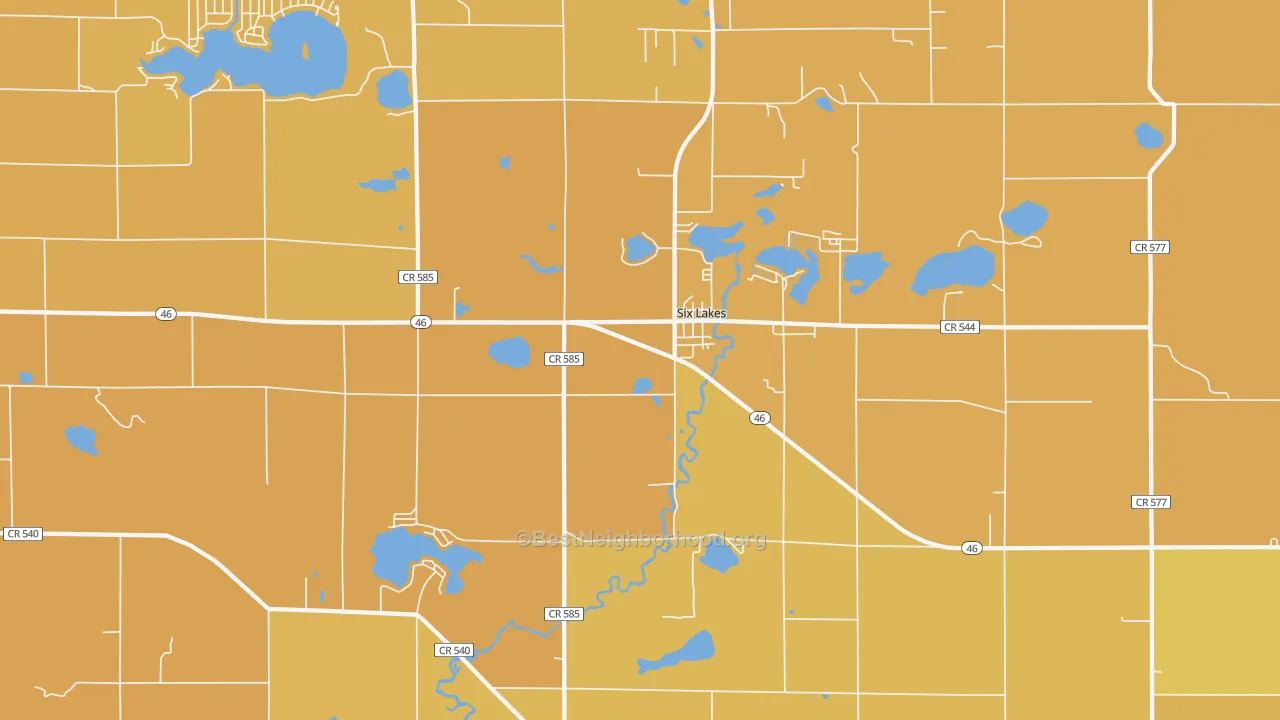 Map of the best neighborhoods in the Six Lakes area, with better matches in green and worse matches in red
