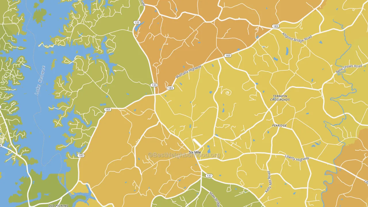 Map of the best neighborhoods in the Six Mile area, with better matches in green and worse matches in red