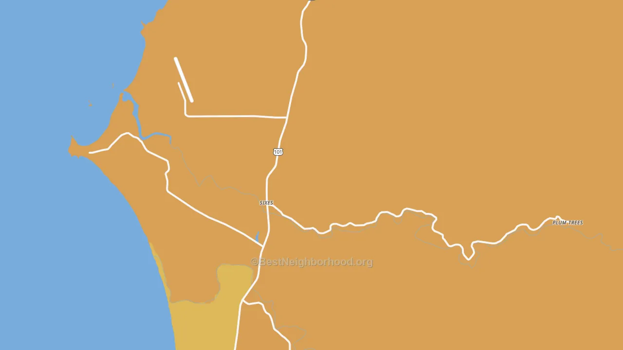 Map of the best neighborhoods in the Sixes area, with better matches in green and worse matches in red