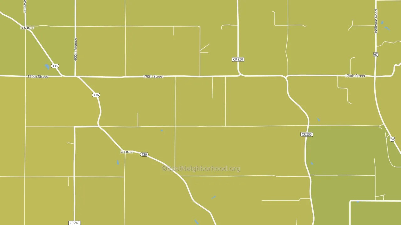 Map of the best neighborhoods in the Sixmile area, with better matches in green and worse matches in red