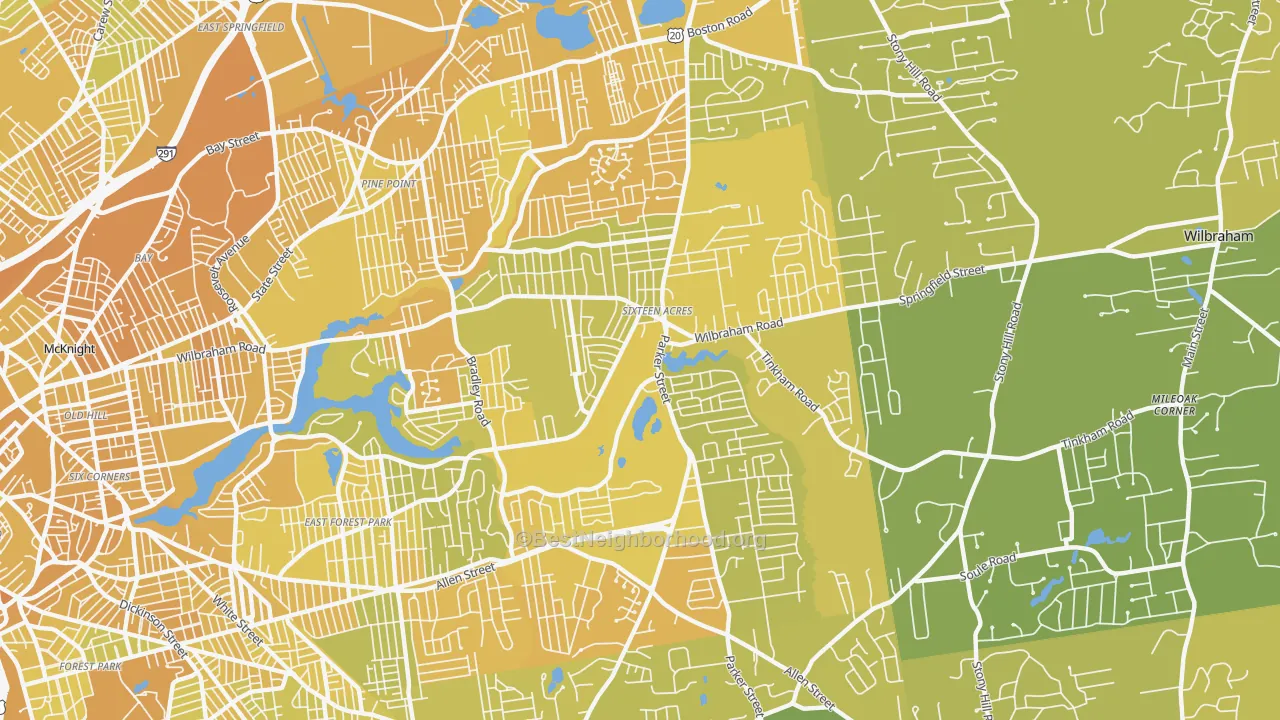 Map of the best neighborhoods in the Sixteen Acres, Springfield area, with better matches in green and worse matches in red