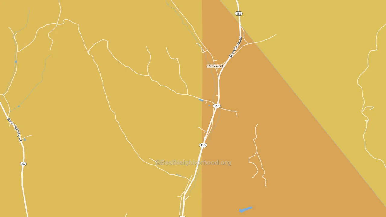Map of the best neighborhoods in the Sizerville area, with better matches in green and worse matches in red