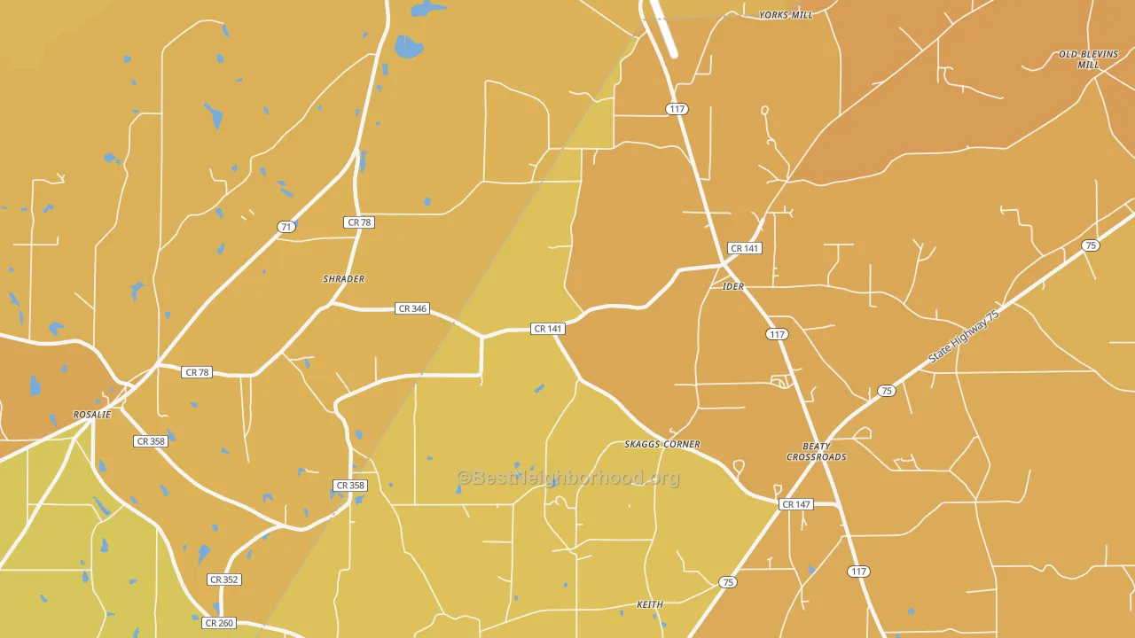 Map of the best neighborhoods in the Skaggs Corner area, with better matches in green and worse matches in red