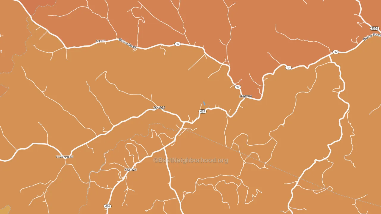 Map of the best neighborhoods in the Skaggs area, with better matches in green and worse matches in red