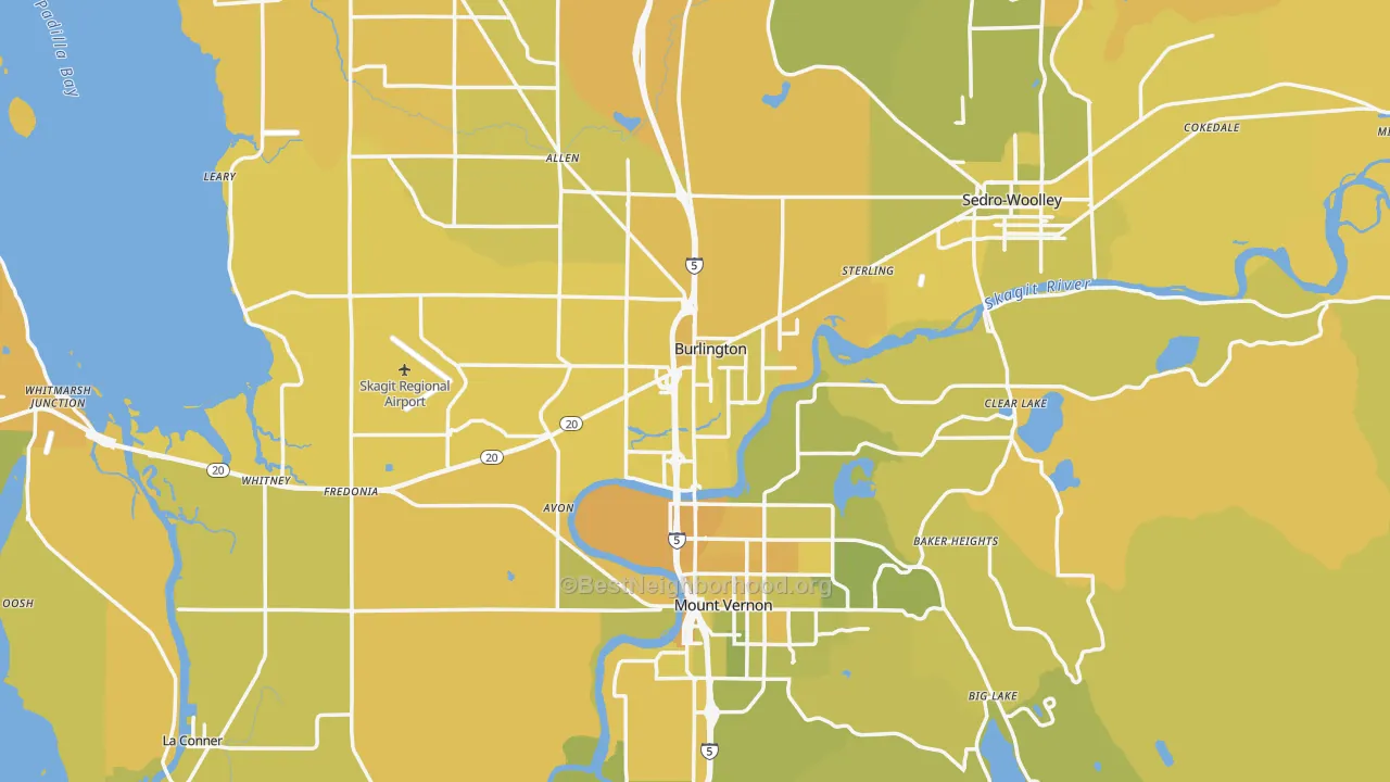 Map of the best neighborhoods in the Skagit County area, with better matches in green and worse matches in red